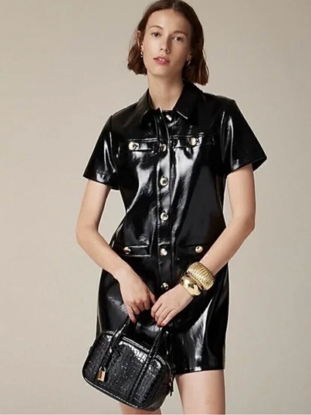 J Crew Patten Faux Leather Short-Sleeve Black Dress